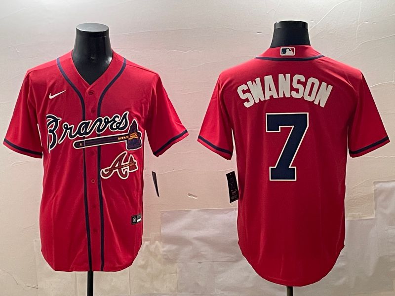 Men Atlanta Braves 7 Swanson Red Game 2025 Nike MLB Jersey style 5